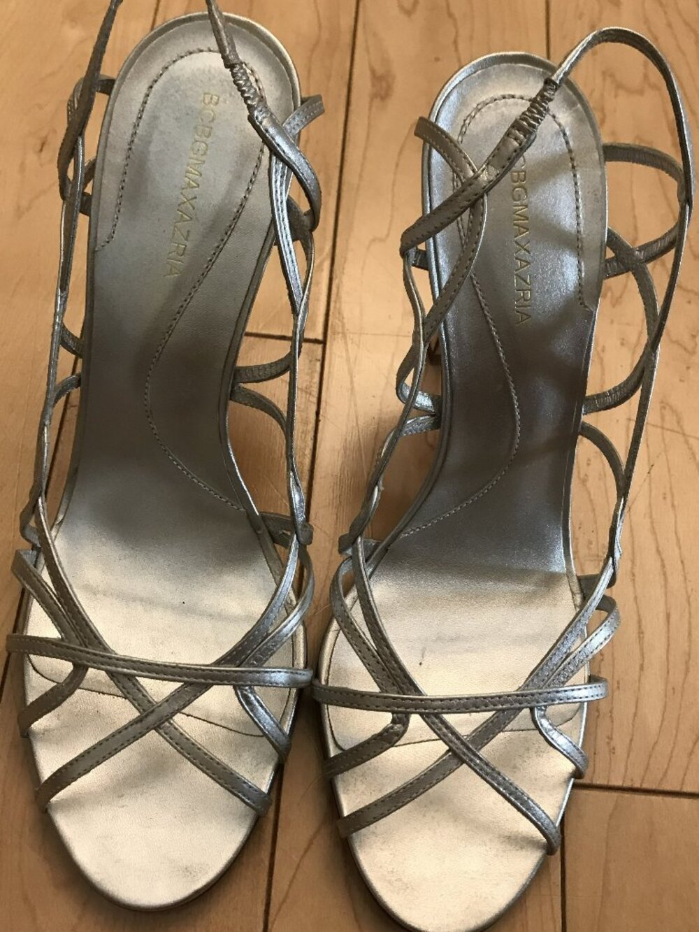 BCBG Max Azria Silver Leather Strappy Heels Size 8